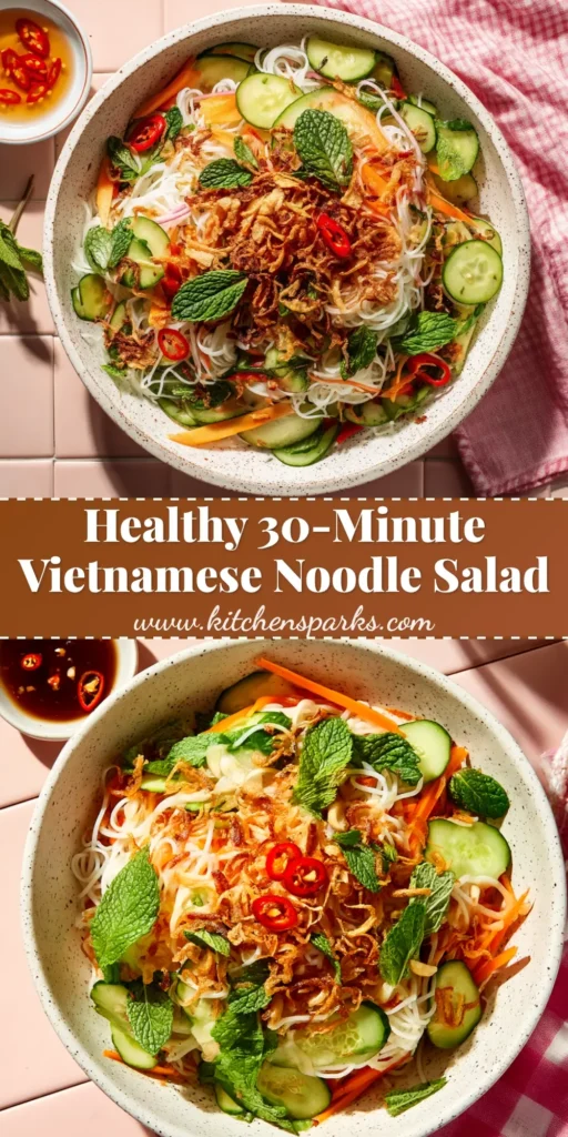 A vibrant and authentic Vietnamese Noodle Salad in a white bowl, topped with grilled pork, fresh herbs, and a side of Nuoc Cham dressing. A perfect, easy recipe.