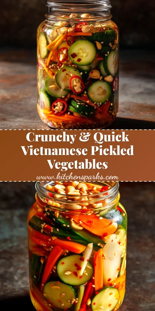 A tall glass jar filled with vibrant orange and white Vietnamese pickled vegetables (Đồ Chua), perfect for Banh Mi and noodle bowls.