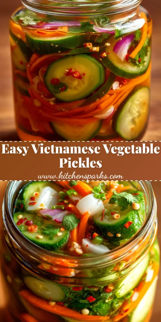 A close-up overhead shot of a jar filled with vibrant Vietnamese Pickled Vegetables (Đồ Chua), showcasing the bright orange carrots and white daikon radish.