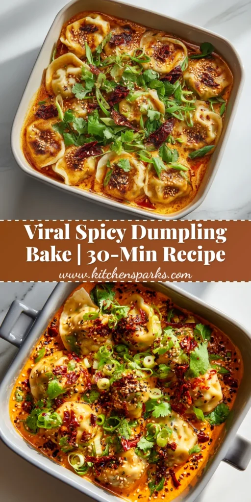 A close-up shot of the finished Viral Dumpling Bake in a baking dish, showing the golden-brown melted cheese, garnished with green onions.