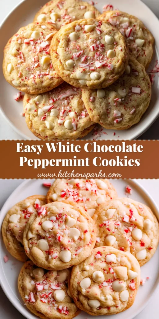 A plate of delicious white chocolate peppermint cookies ready for a holiday party. The cookies are soft, chewy, and topped with festive crushed candy canes.