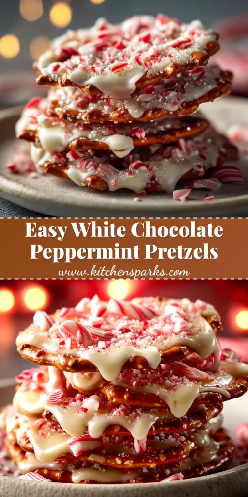 A festive platter of white chocolate peppermint pretzels, perfect for holiday parties. The pretzels are coated in smooth white chocolate and sprinkled with vibrant crushed peppermint candy pieces.