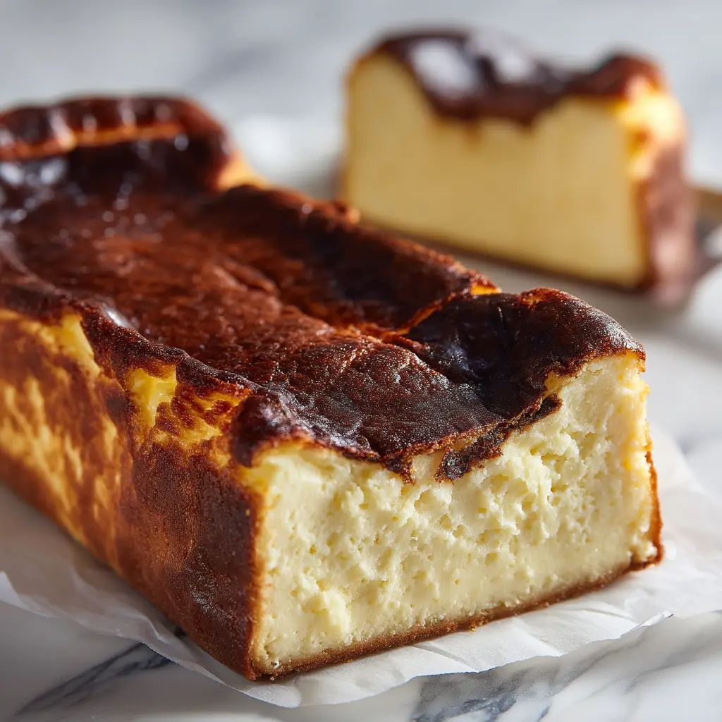 A whole, freshly baked Burnt Basque Cheesecake cooling on a wire rack, with its characteristic sunken center and dark brown top.