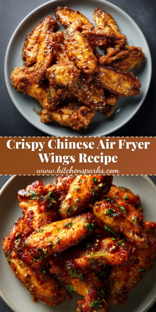 A close-up shot of crispy Air Fryer Chinese Chicken Wings on a platter, garnished with sesame seeds and green onions. The wings are glossy with a savory sauce.
