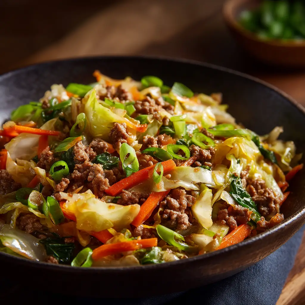 A beautiful final plated serving of the Asian ground beef skillet with cabbage, ready to be enjoyed as a low-carb meal.