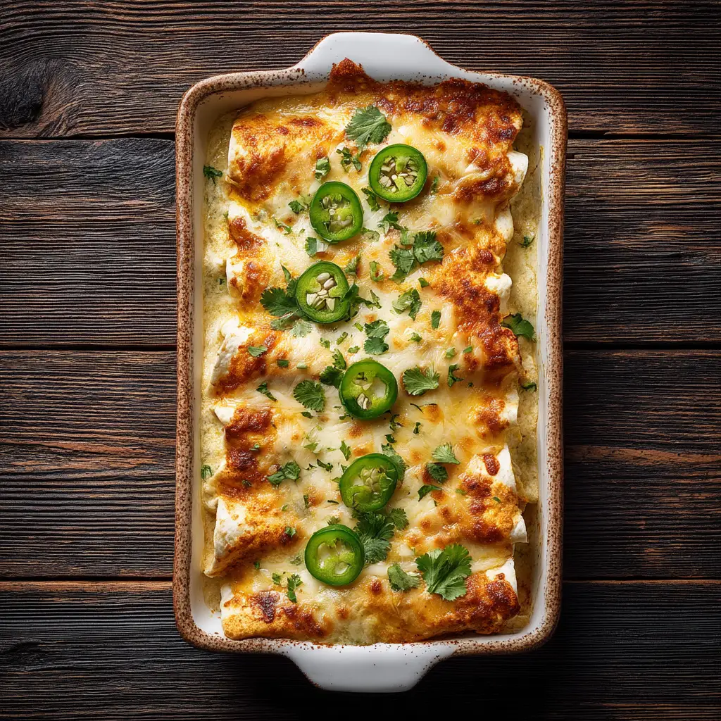 The process of assembling the jalapeño popper chicken enchiladas. A baking dish shows the enchiladas rolled and placed seam-side down before the sauce is added.