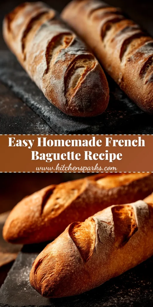 An authentic French baguette recipe that's easy to make at home. The image shows two perfectly baked, golden-brown baguettes on a rustic wooden board.