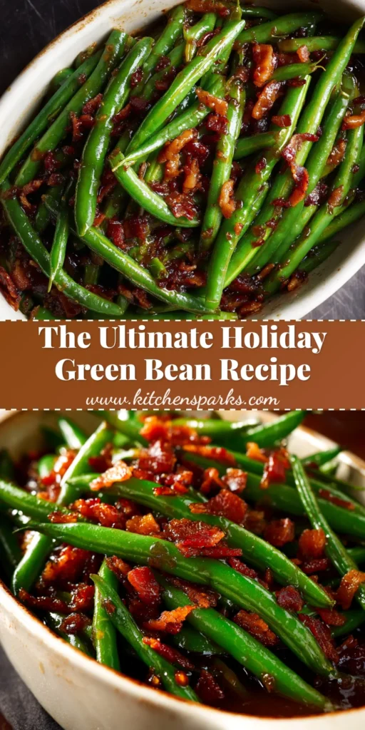 A top-down view of Bacon Brown Sugar Green Beans in a white serving bowl, garnished with crispy bacon bits. The perfect holiday side dish.