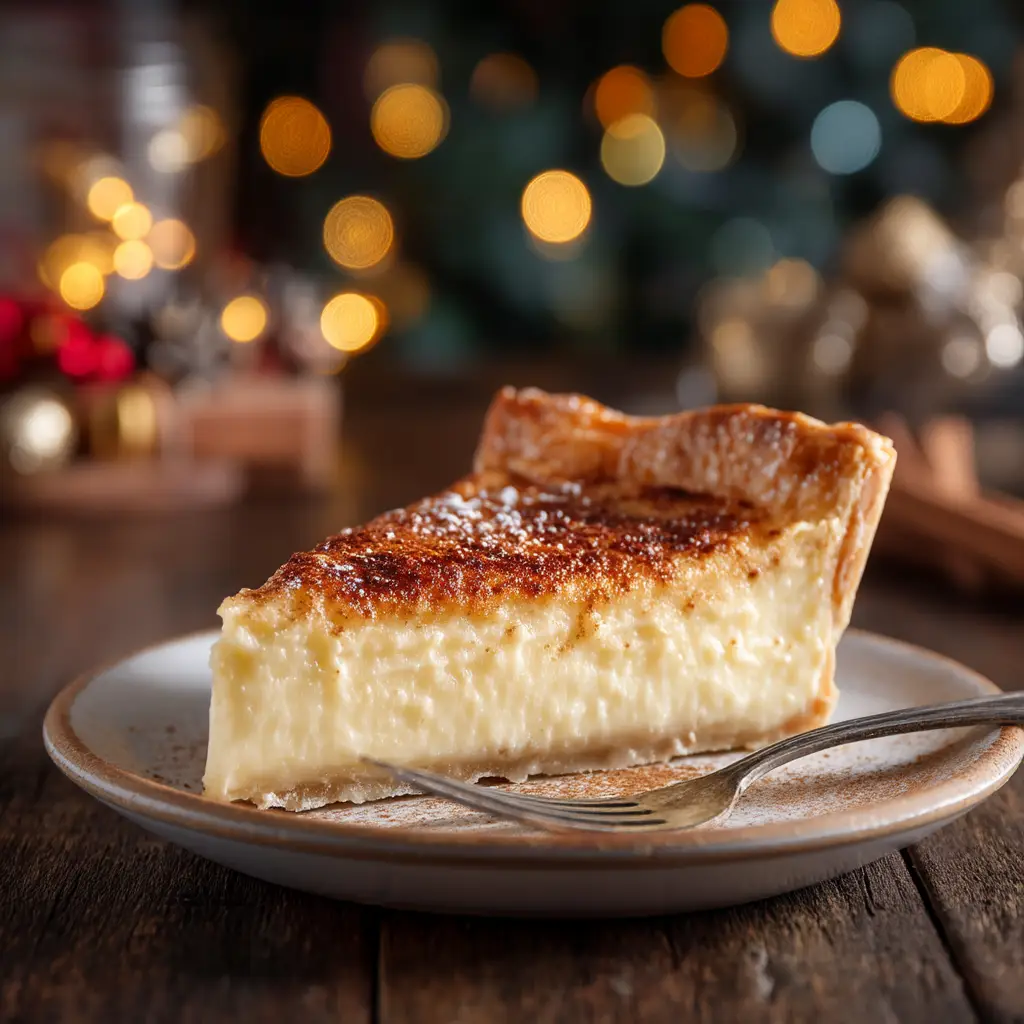 A close-up view of the baked Christmas custard pie, with a dusting of nutmeg on its golden surface, ready to be sliced.