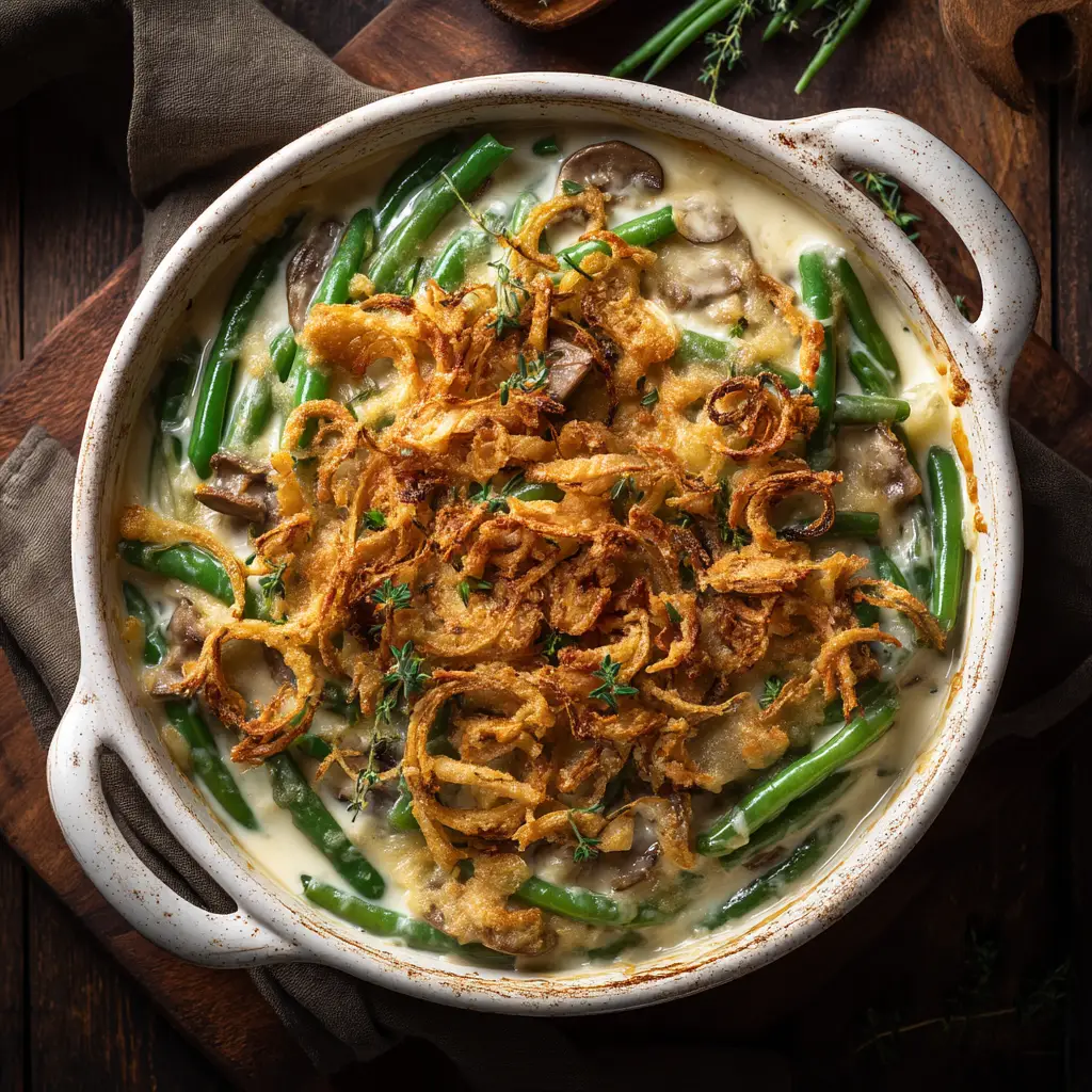 The finished green bean casserole fresh out of the oven, with golden brown crispy onions on top.
