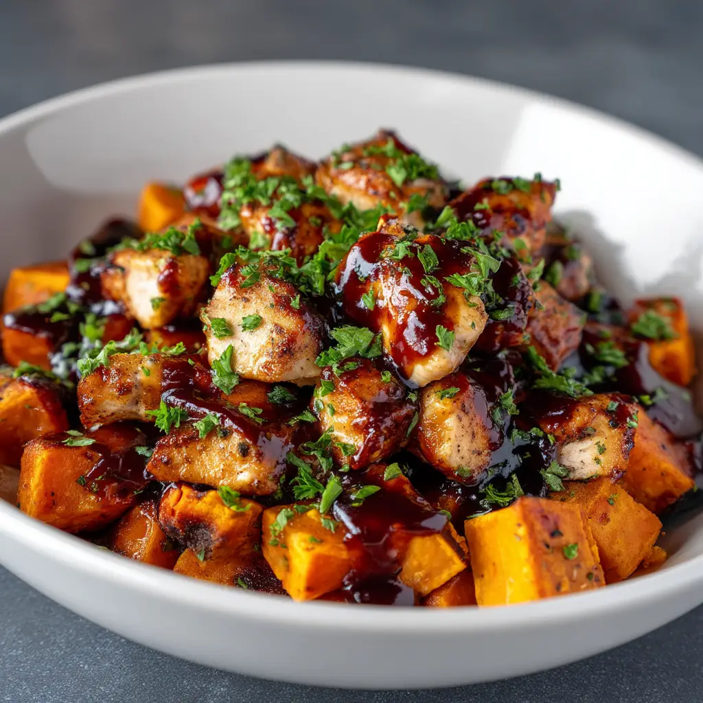 The ingredients for the shredded BBQ chicken bowl laid out, including sweet potatoes, chicken, and black beans, ready for preparation.