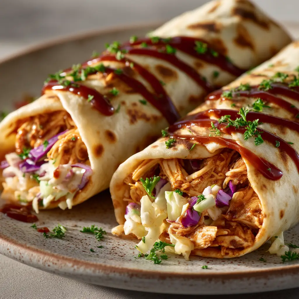 Two halves of a BBQ ranch chicken wrap served on a plate, showcasing the layers of chicken, lettuce, and onion inside.