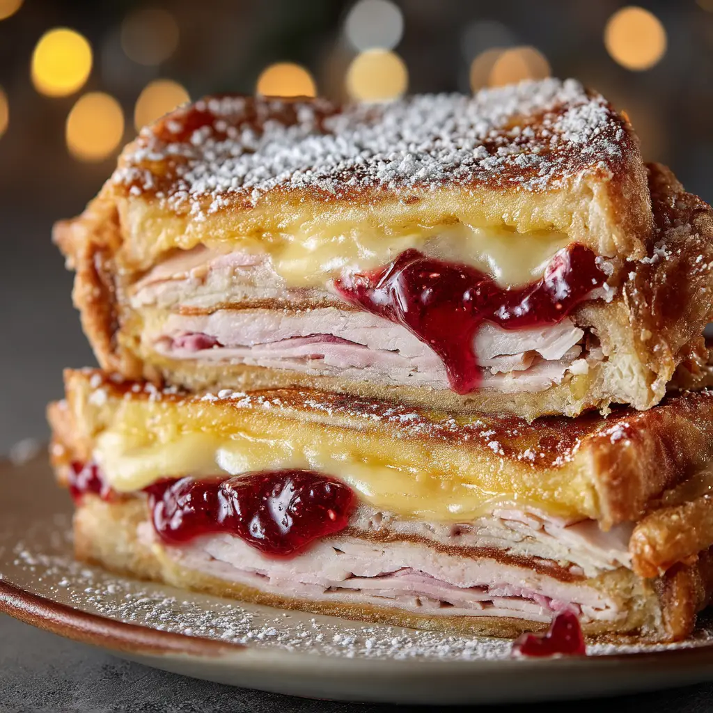 A close-up shot of the Bennigans Monte Cristo sandwich layers, showing the melted swiss and american cheese with ham and turkey before frying.