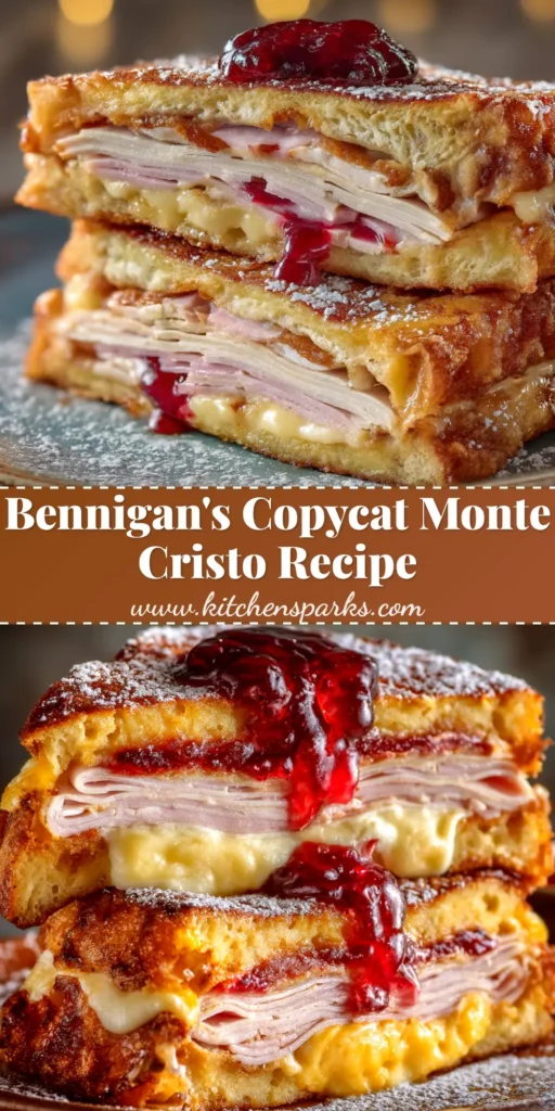 A delicious Bennigans Monte Cristo copycat sandwich, cut in half and dusted with powdered sugar, served with a side of raspberry jam for dipping.