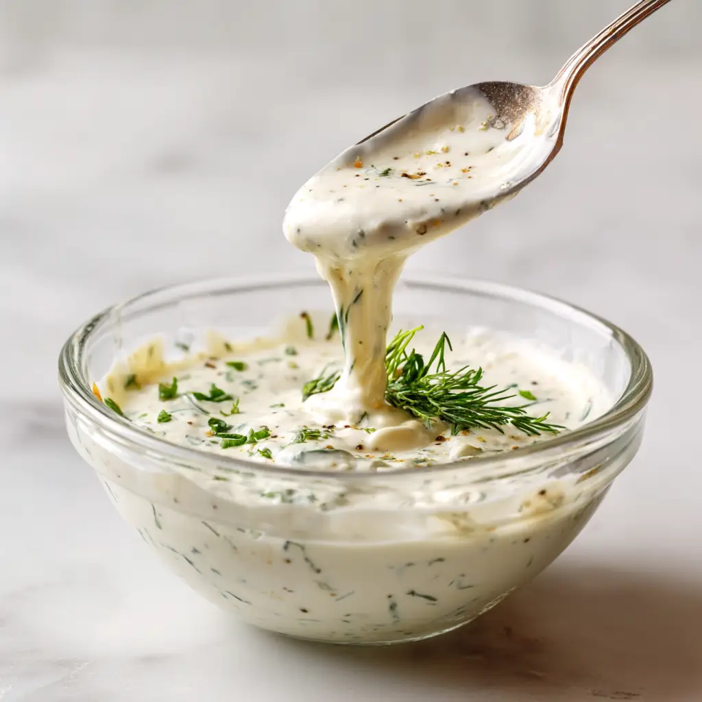 A small jar of buttermilk ranch dressing with a spoon, showing the pourable consistency perfect for salads.