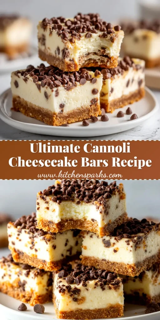 A stack of creamy Cannoli Cheesecake Bars on a white plate, topped with mini chocolate chips and a dusting of powdered sugar. The perfect Italian-American dessert recipe.