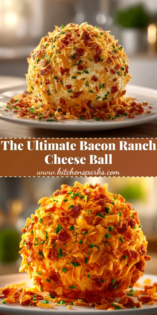A delicious and easy Cheddar Ranch Cheese Ball Recipe coated in bacon and pecans, shown on a white plate with crackers ready for a party.