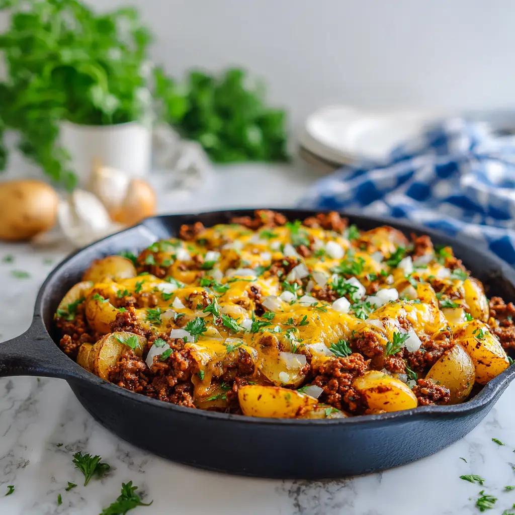 A serving of the cheesy ground beef and potatoes skillet on a white plate, ready to be eaten.