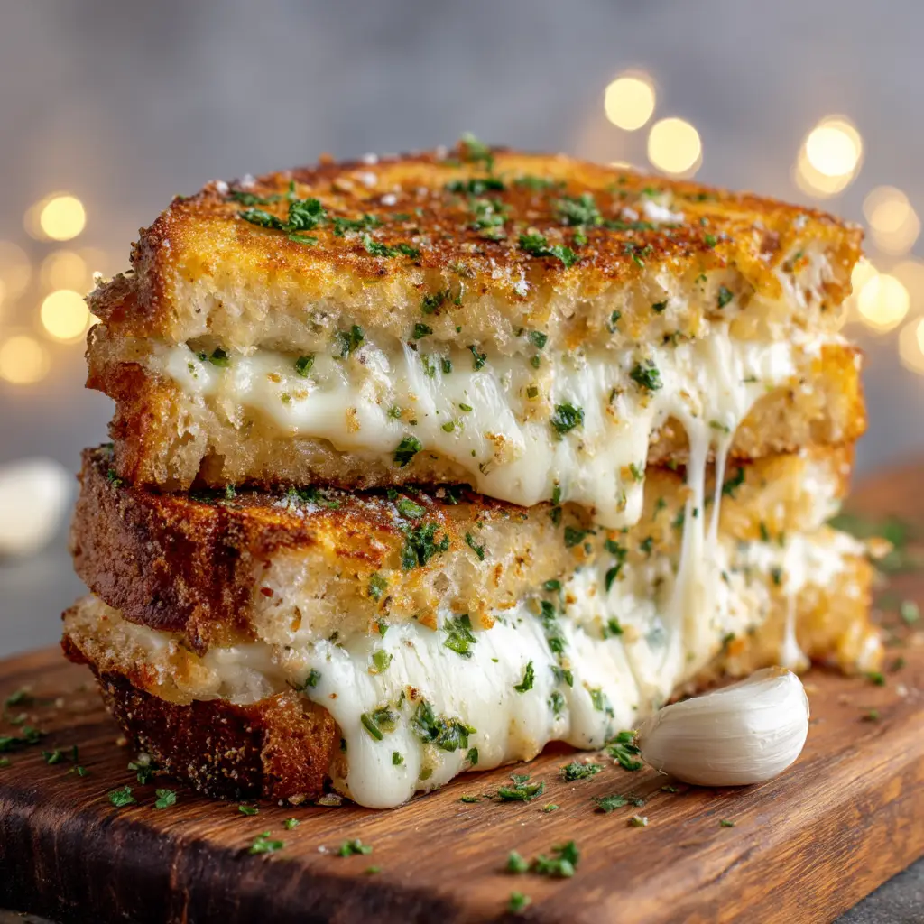A close-up view of a cheesy garlic bread sandwich, with a focus on the melted mozzarella and provolone cheese filling.
