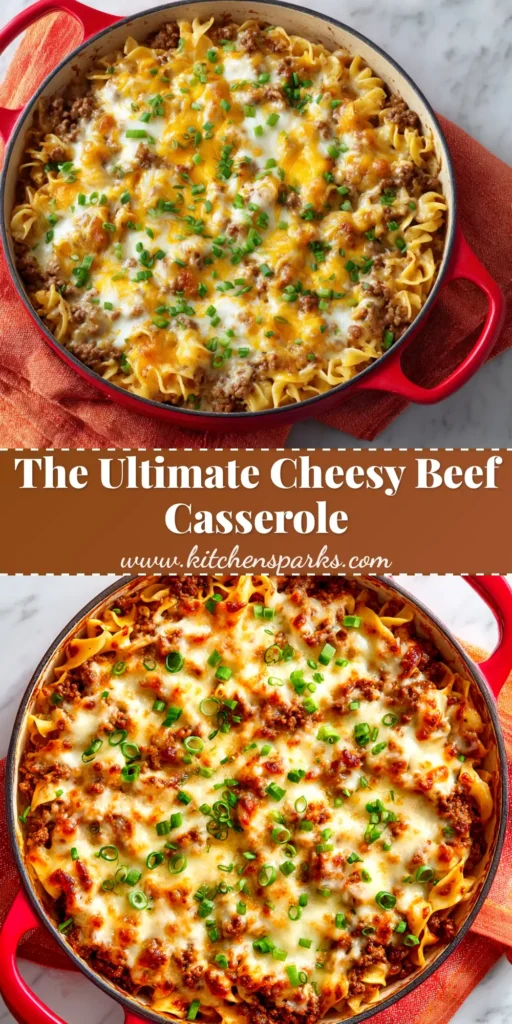 A delicious and easy cheesy ground beef casserole recipe baked in a white dish, perfect for a weeknight dinner.