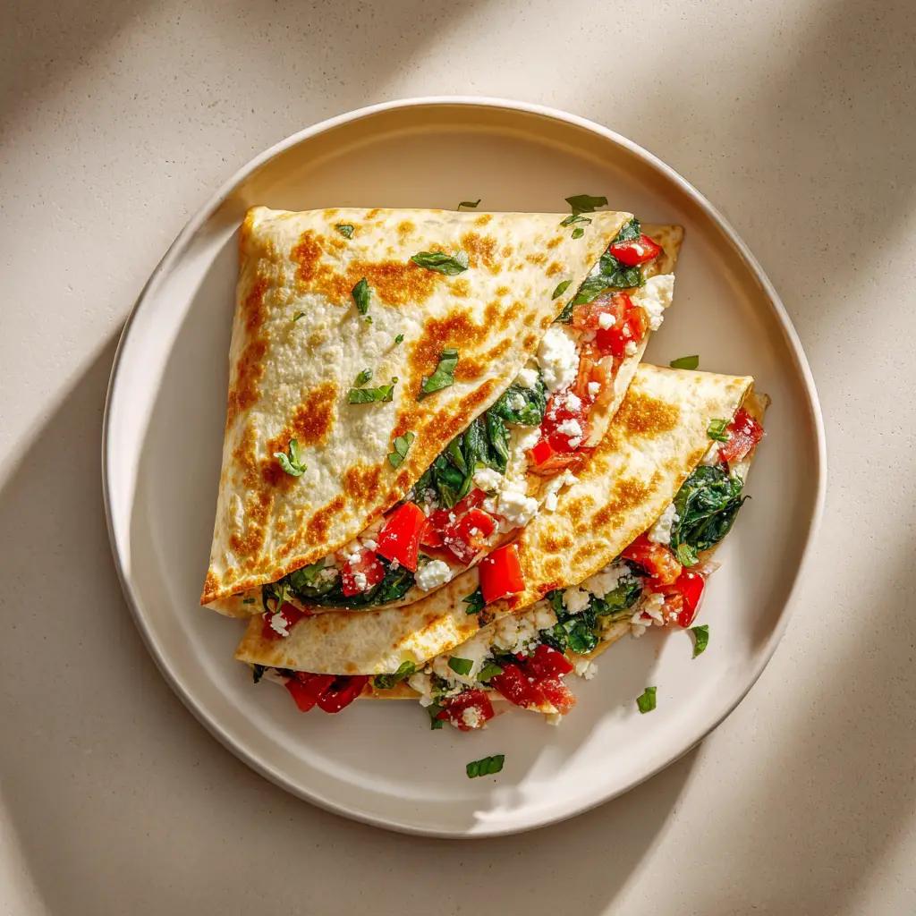 A close-up of a hand holding a wedge of a feta and spinach quesadilla, with a delicious cheese pull visible.