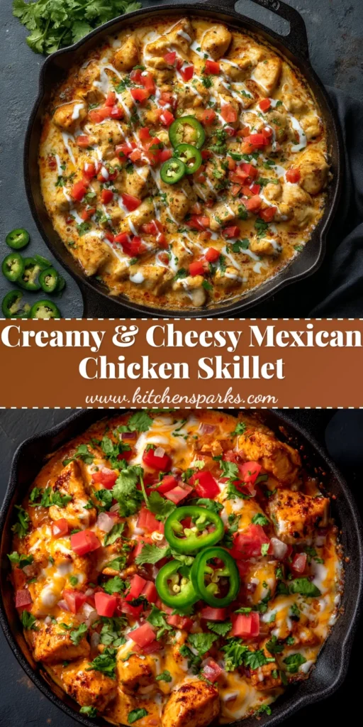 A skillet of Cheesy Mexican Chicken, with perfectly melted cheese, black beans, corn, and garnished with fresh cilantro. The title 'Cheesy Mexican Chicken' is written in a stylized font.
