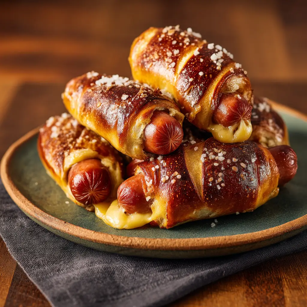 A cheese stuffed pretzel dog being pulled apart, showing a satisfyingly gooey cheese pull inside the soft pretzel.