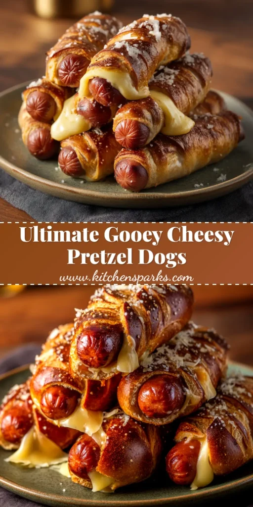 A close-up of golden brown homemade cheesy pretzel dogs on a serving platter, ready to be eaten. The perfect cheesy pretzel dogs recipe.