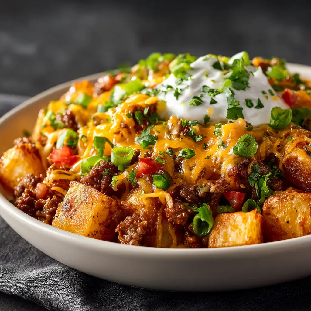 The ingredients for Cheesy Taco Potatoes laid out, including cubed potatoes, ground beef, cheese, and taco seasoning.