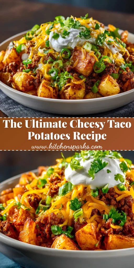 A delicious casserole dish of Cheesy Taco Potatoes, topped with melted cheddar cheese and fresh cilantro, ready to be served.