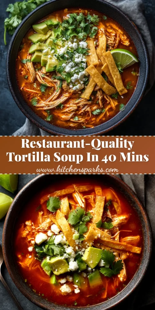 An overhead shot of a vibrant bowl of chicken tortilla soup recipe, loaded with crispy tortilla strips, fresh avocado, cilantro, and cheese.