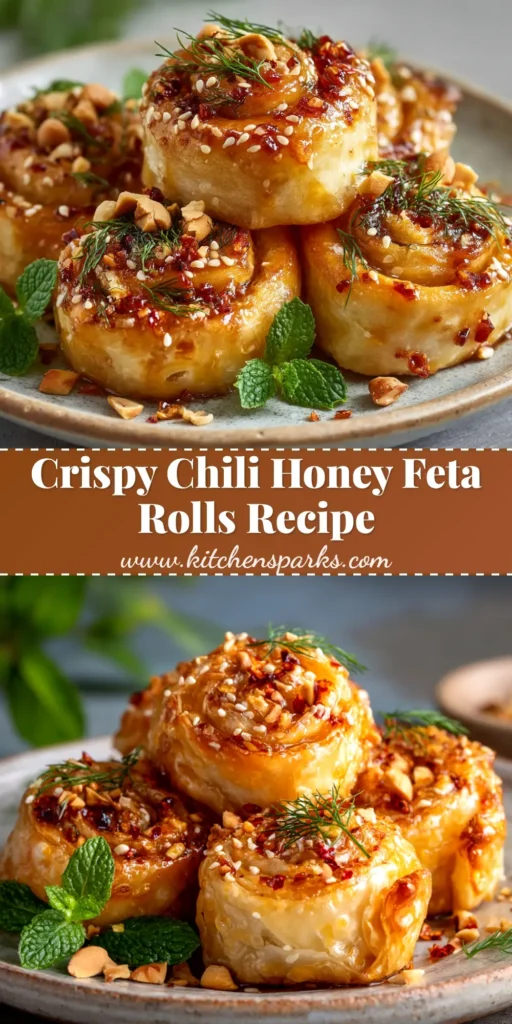 A platter of golden-brown Chili Honey Feta Rolls, drizzled with honey and sprinkled with chili flakes and sesame seeds.