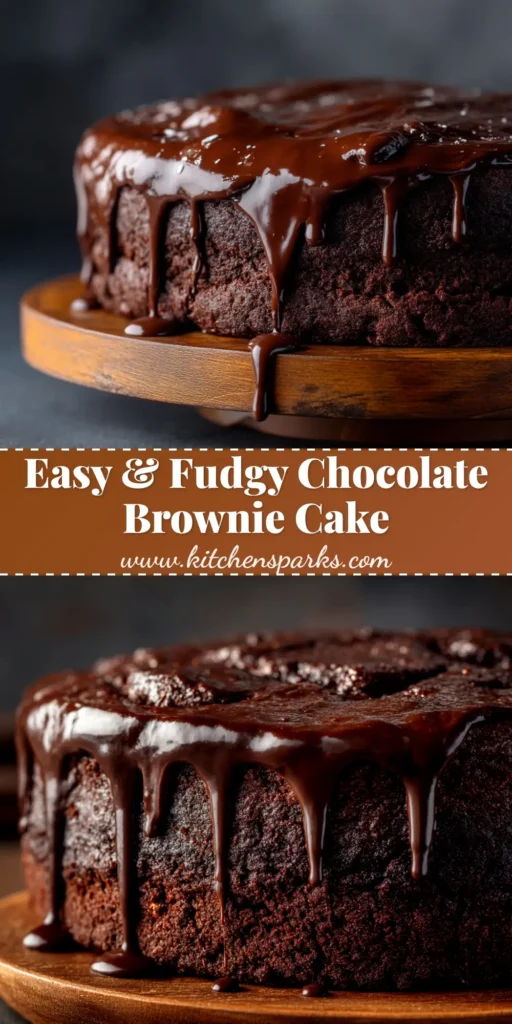 A slice of rich chocolate brownie cake on a white plate, showing its fudgy interior and crackly top.