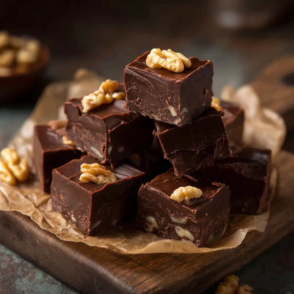 A lifestyle shot of chocolate fudge squares arranged on a festive platter, ready to be served to guests or given as a gift.