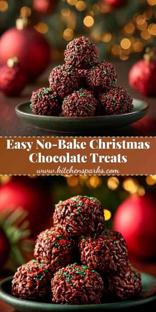 A platter of festive Christmas chocolate rice krispie balls covered in red, green, and white sprinkles, ready for a holiday party.