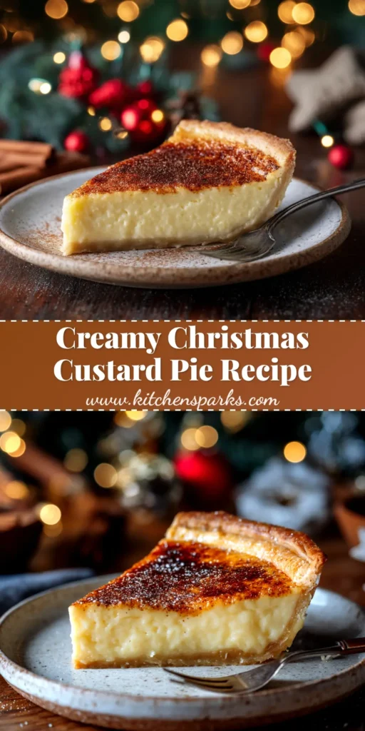 A beautiful Christmas Custard Pie with a golden-brown crust and a creamy filling, dusted with nutmeg, ready to be served for a holiday dessert.