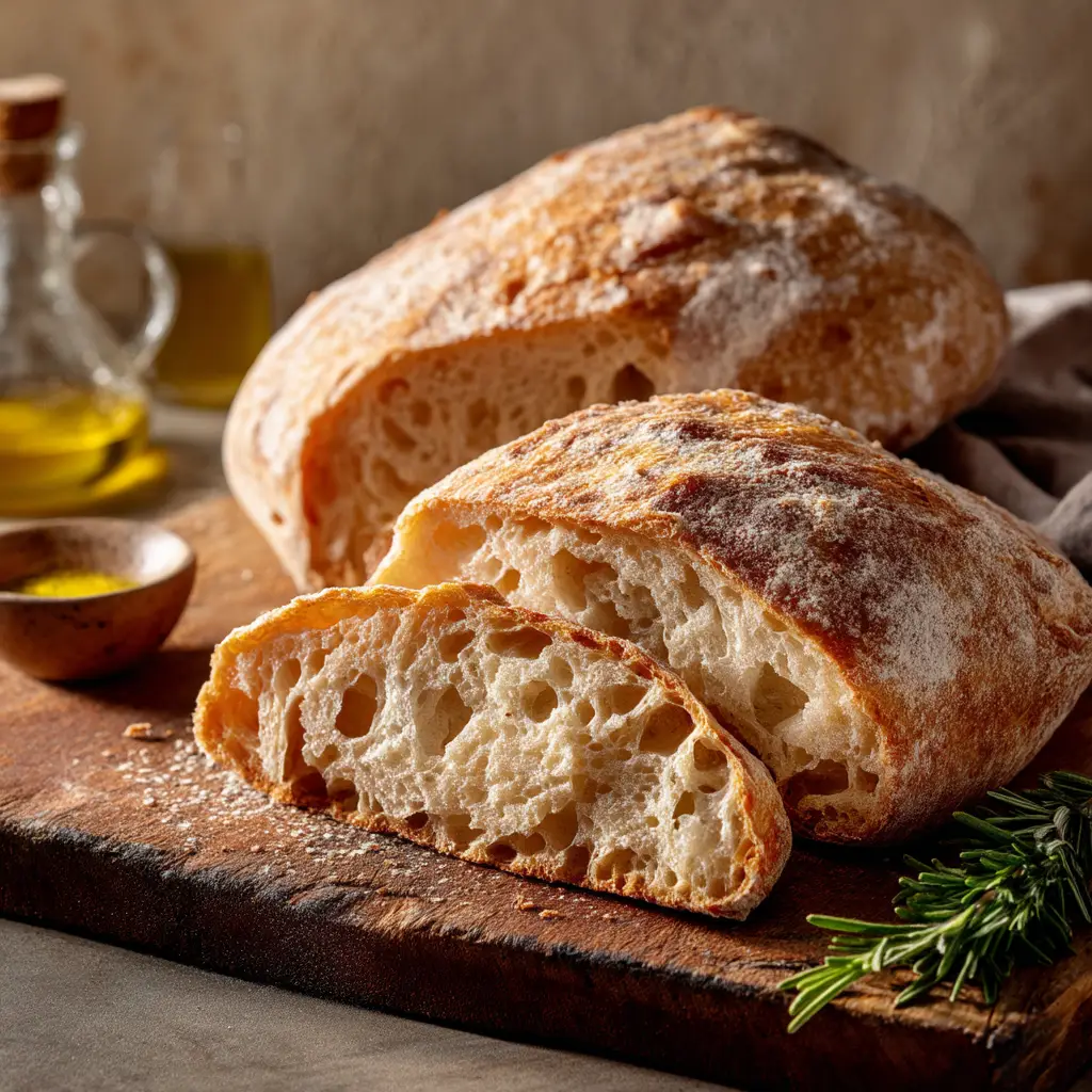 Close-up shot of a slice of ciabatta bread, highlighting the large, irregular holes and airy texture of the bread's interior crumb.