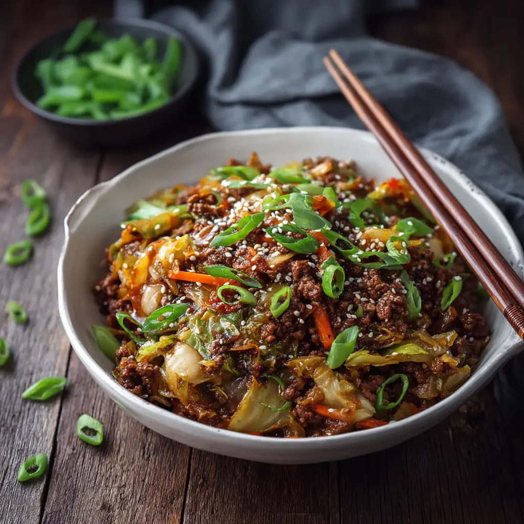 A close-up view of the ground beef and cabbage stir fry cooking in a skillet, showing the tender-crisp texture of the cabbage.
