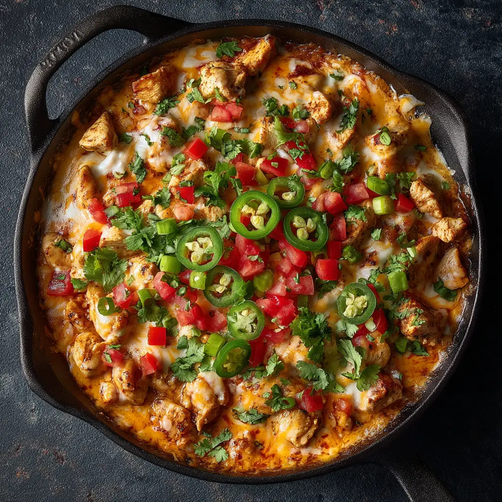 A close-up action shot showing the ingredients for the Mexican chicken skillet being combined, with tender chicken, colorful peppers, and onions.
