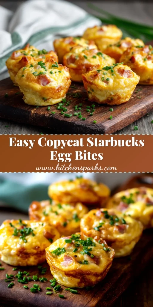 A shareable pin image for the Copycat Starbucks Egg Bites recipe, showing fluffy egg bites on a plate with text overlay for Pinterest.