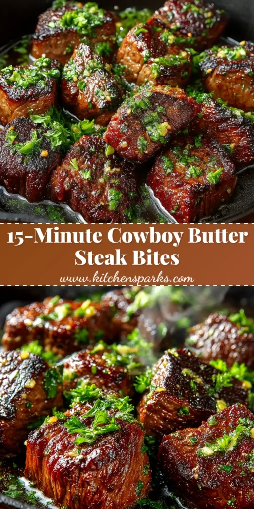 A skillet full of juicy Cowboy Butter Steak Bites, garnished with fresh parsley. The steak is perfectly seared and coated in a glistening butter sauce.