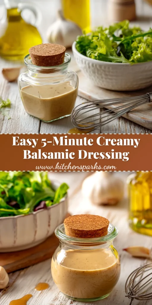 A jar of homemade creamy balsamic dressing recipe, with a whisk and fresh salad greens nearby, showcasing its rich and smooth texture.