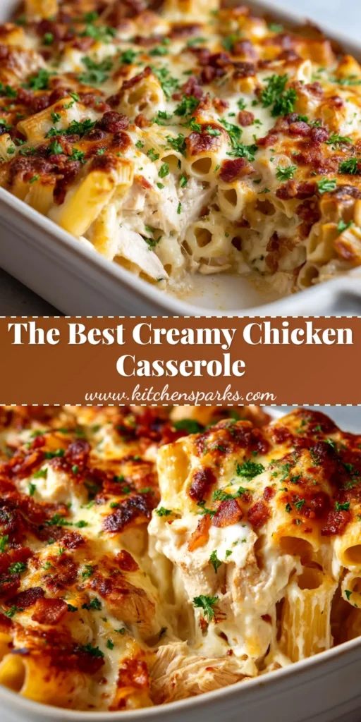 A top-down view of a golden-brown baked Creamy Chicken Casserole in a white baking dish, ready to be served.