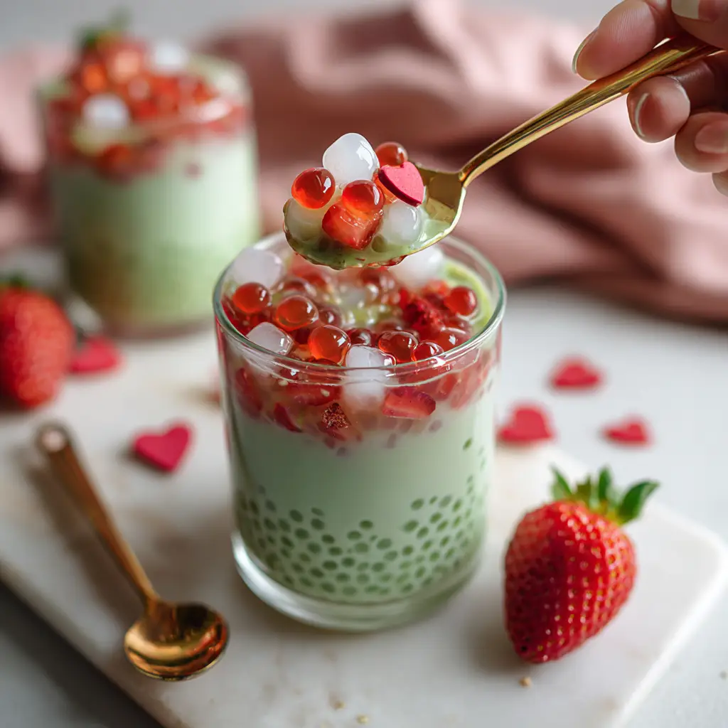 A close-up shot of the creamy coconut sago layer in a glass of Strawberry Matcha Sago, ready for assembly.