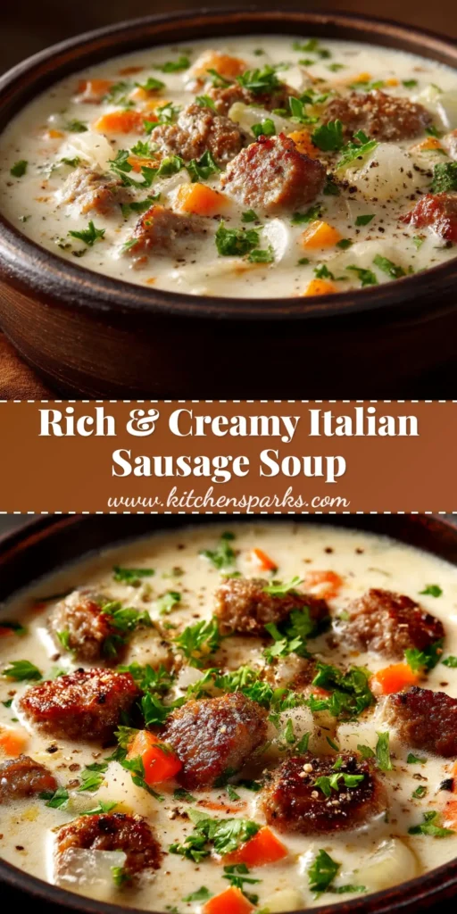A large white bowl filled with creamy Italian Sausage Soup, garnished with fresh parmesan and basil. The perfect easy weeknight dinner recipe.