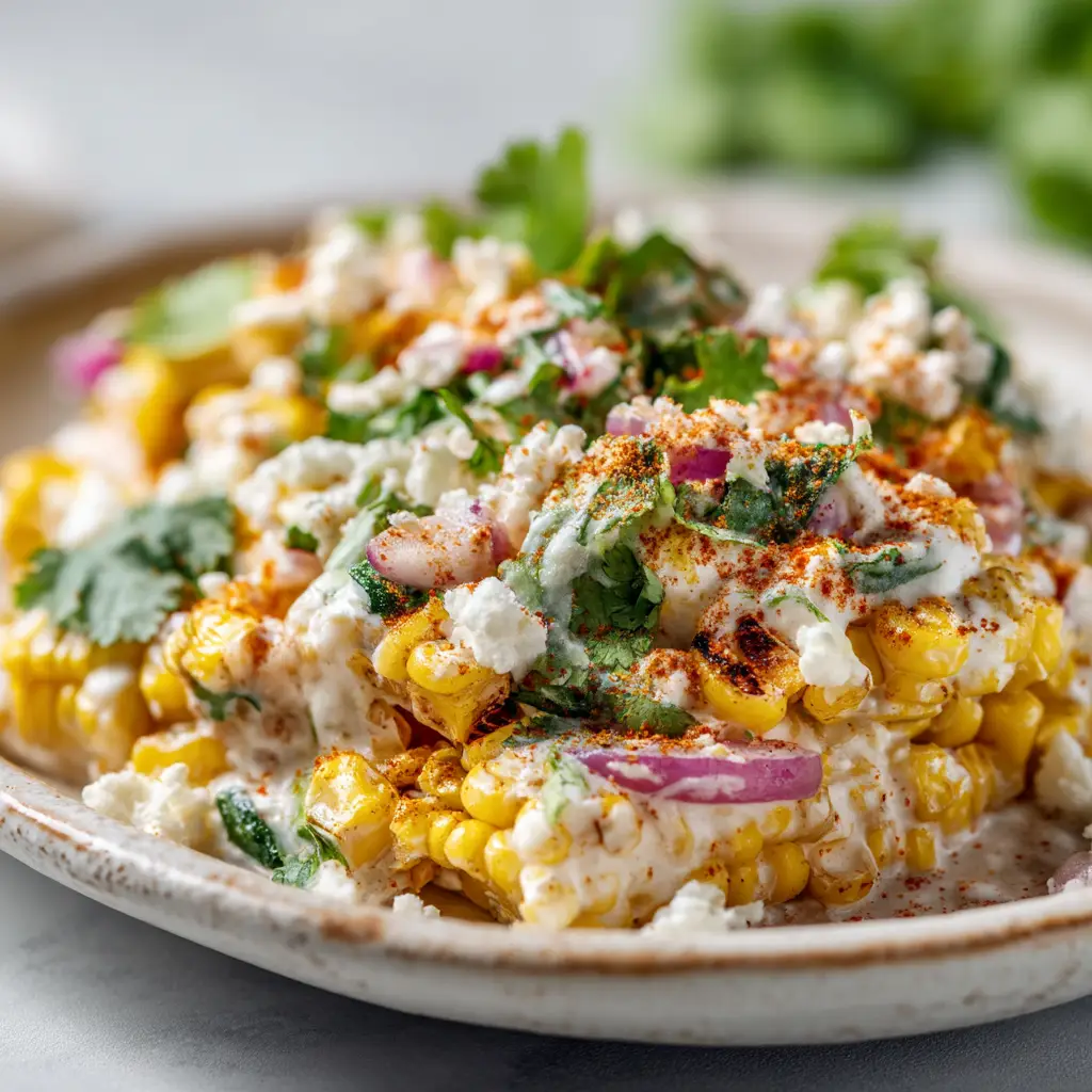 A spoonful of creamy Mexican Street Corn Salad being lifted from a bowl, ready to be eaten.