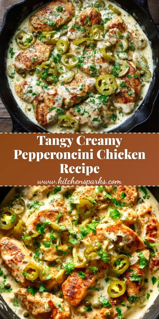 A skillet of creamy pepperoncini chicken with a golden-brown finish, garnished with fresh parsley. The perfect one-pan weeknight dinner recipe.