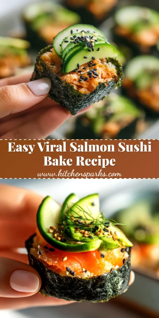 An overhead shot of a creamy and delicious salmon sushi bake in a casserole dish, topped with furikake and spicy mayo. A hand is scooping a bite onto a nori sheet.