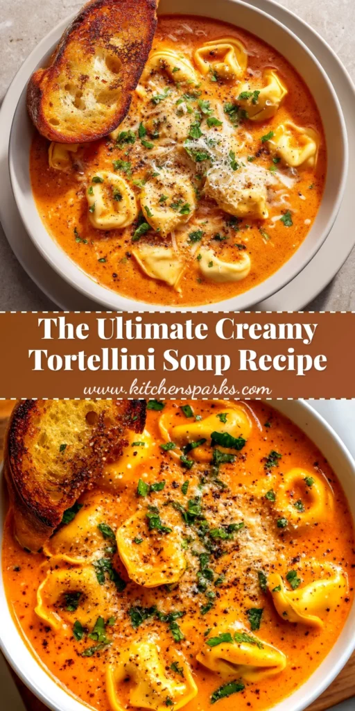 A large white bowl filled with creamy tortellini soup, featuring cheesy tortellini, spinach, and a rich tomato broth. A spoon rests in the bowl.
