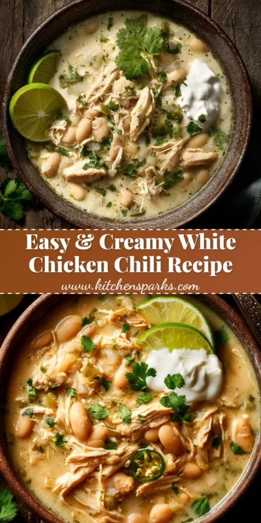 A bowl of creamy white chicken chili recipe, topped with fresh cilantro, avocado, and tortilla strips. The perfect cozy and easy dinner.